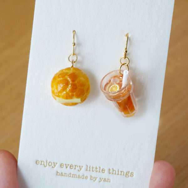 【香港茶餐廳系列】菠蘿油配凍奶茶.手工耳環(現貨) Pinapple Bun with iced milk earrings