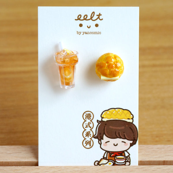 【香港茶餐廳系列】菠蘿油配凍奶茶.手工耳環(現貨) Pinapple Bun with iced milk earrings