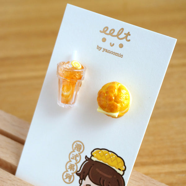 【香港茶餐廳系列】菠蘿油配凍奶茶.手工耳環(現貨) Pinapple Bun with iced milk earrings
