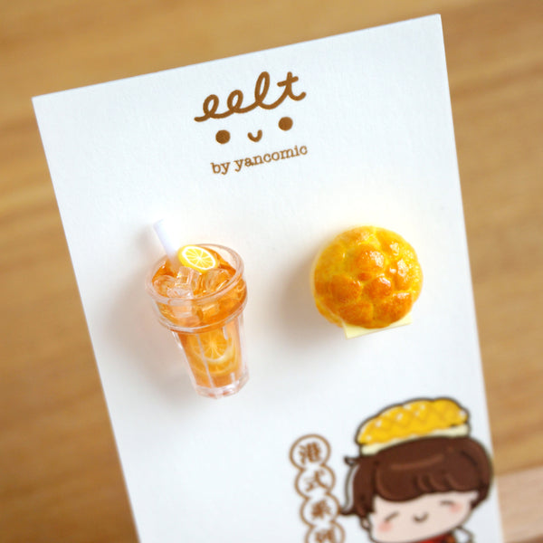 【香港茶餐廳系列】菠蘿油配凍奶茶.手工耳環(現貨) Pinapple Bun with iced milk earrings