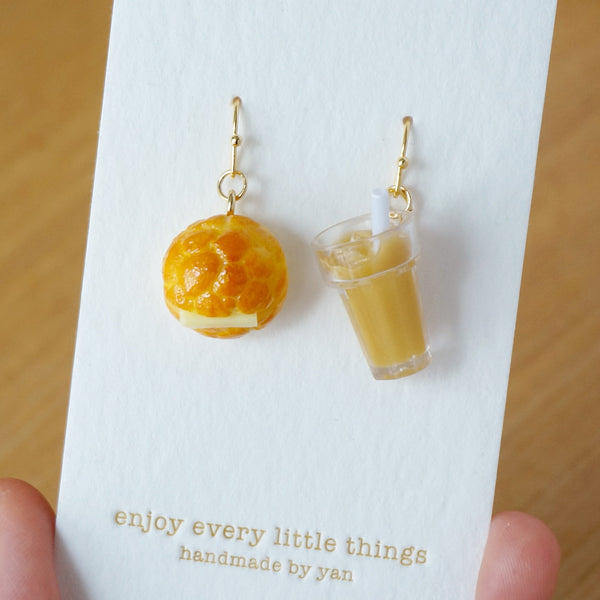 【香港茶餐廳系列】菠蘿油配凍奶茶.手工耳環(現貨) Pinapple Bun with iced milk earrings