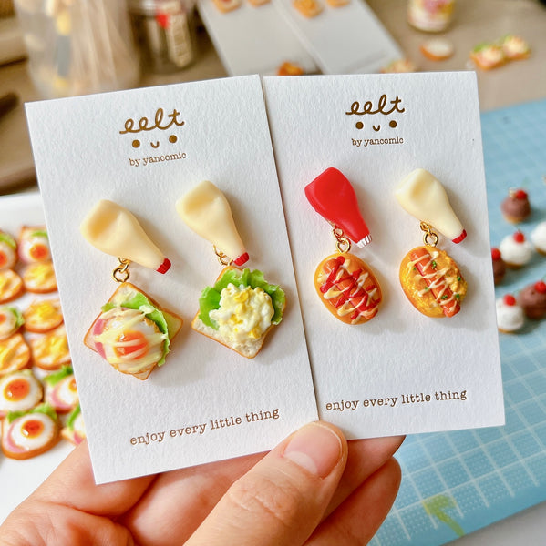 【魔法醬汁系列】美乃滋+蕃茄醬.沙津腸仔包.耳環(現貨) mayonnaise & ketchup Sausage bread earrings
