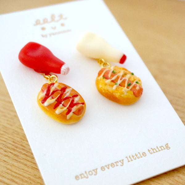 【魔法醬汁系列】美乃滋+蕃茄醬.沙津腸仔包.耳環(現貨) mayonnaise & ketchup Sausage bread earrings