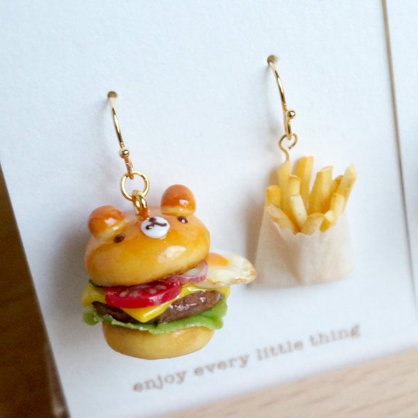 【漢堡系列】小熊漢堡配炸薯條．手工耳環(現貨) Cute bear buger with fries earrings