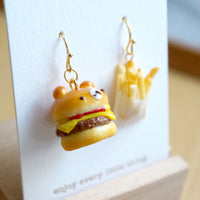 【漢堡系列】小熊漢堡配炸薯條．手工耳環(現貨) Cute bear buger with fries earrings