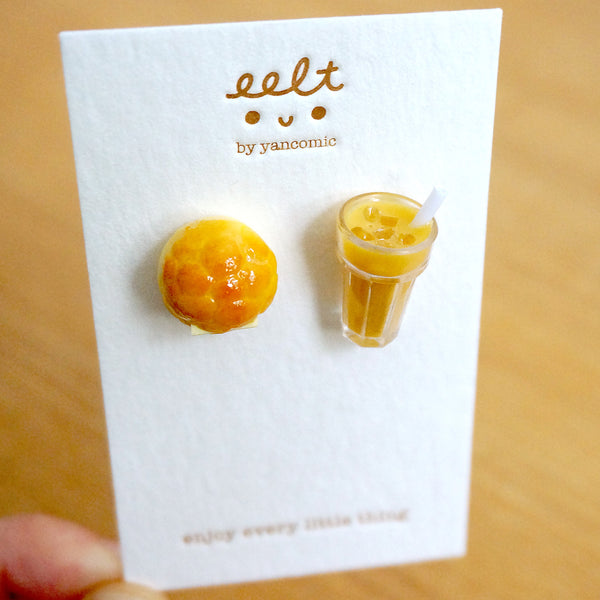 【香港茶餐廳系列】菠蘿油配凍奶茶.手工耳環(現貨) Pinapple Bun with iced milk earrings